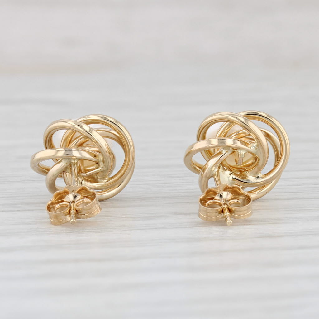Light Gray Cultured Pearl Button Knot Stud Earrings 14k Yellow Gold