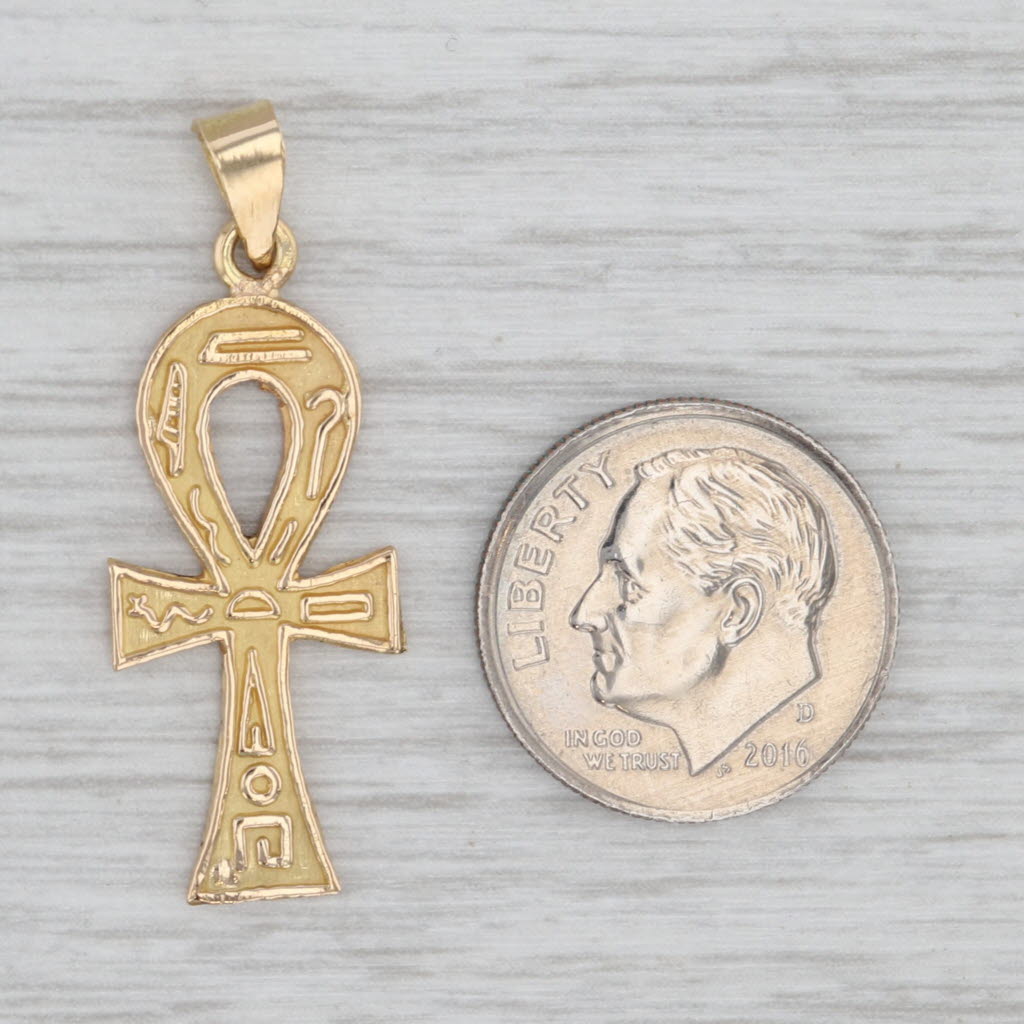 Gray Hieroglyphic Egyptian Ankh Cross Pendant 18k Yellow Gold