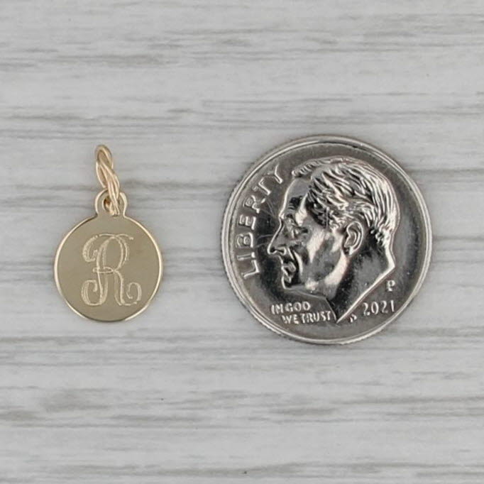Engraved Letter Initial "R" Pendant 14k Yellow Gold Small Round Charm