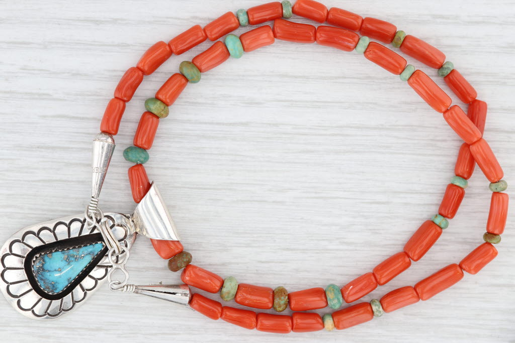 Light Gray Jackson Turquoise Coral Bead Necklace Sterling Silver Native American Navajo