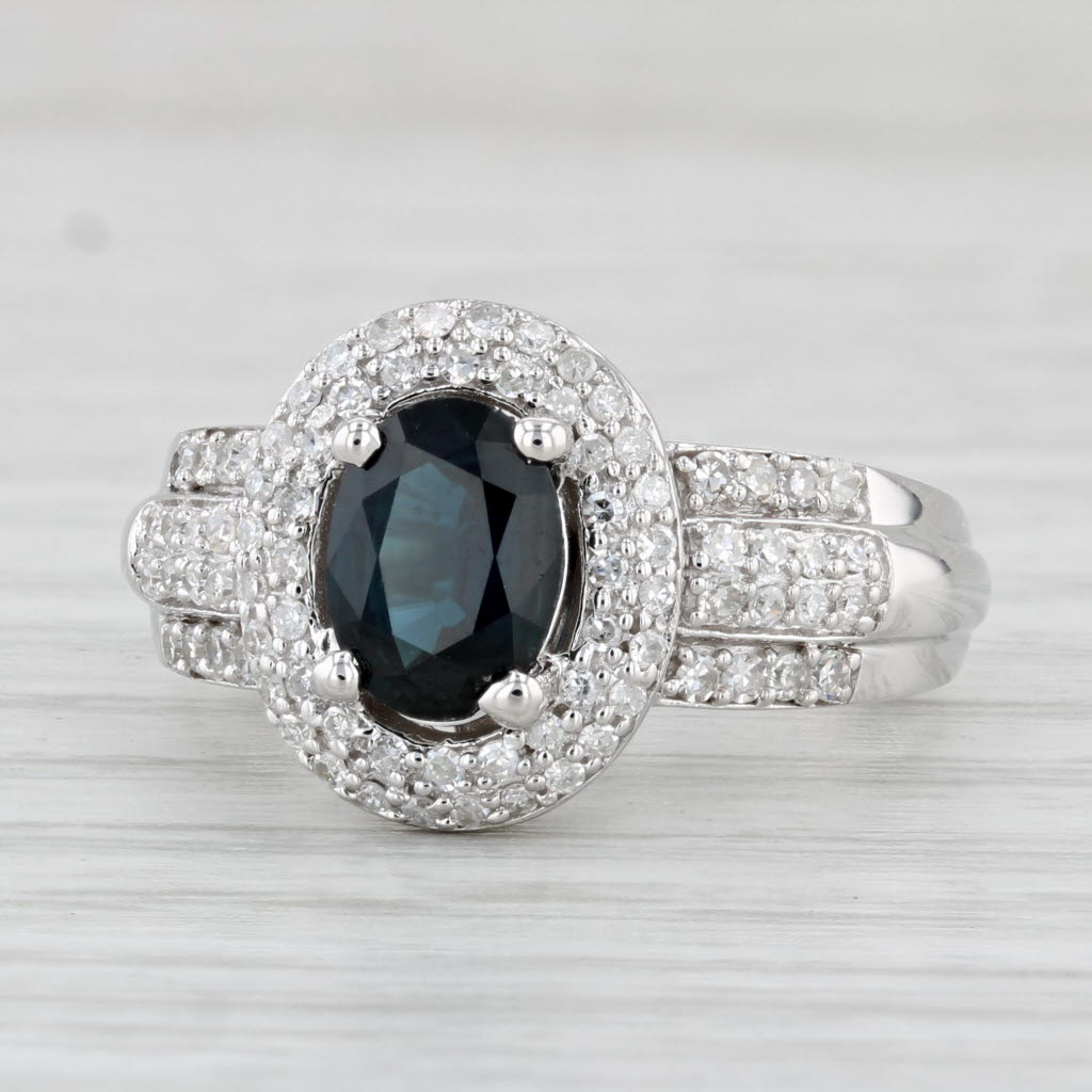 Light Gray 1.64ctw Blue Sapphire Diamond Halo Ring 14k White Gold Size 7 Bridal Engagement