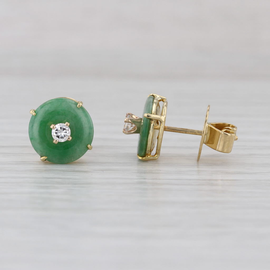 Green Jadeite Jade Diamond Stud Earrings 18k Yellow Gold Round Studs