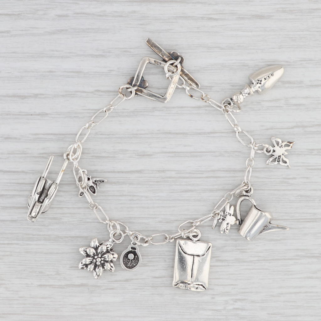 Light Gray Garden Themed Charm Bracelet Sterling Silver Cable Chain 7”