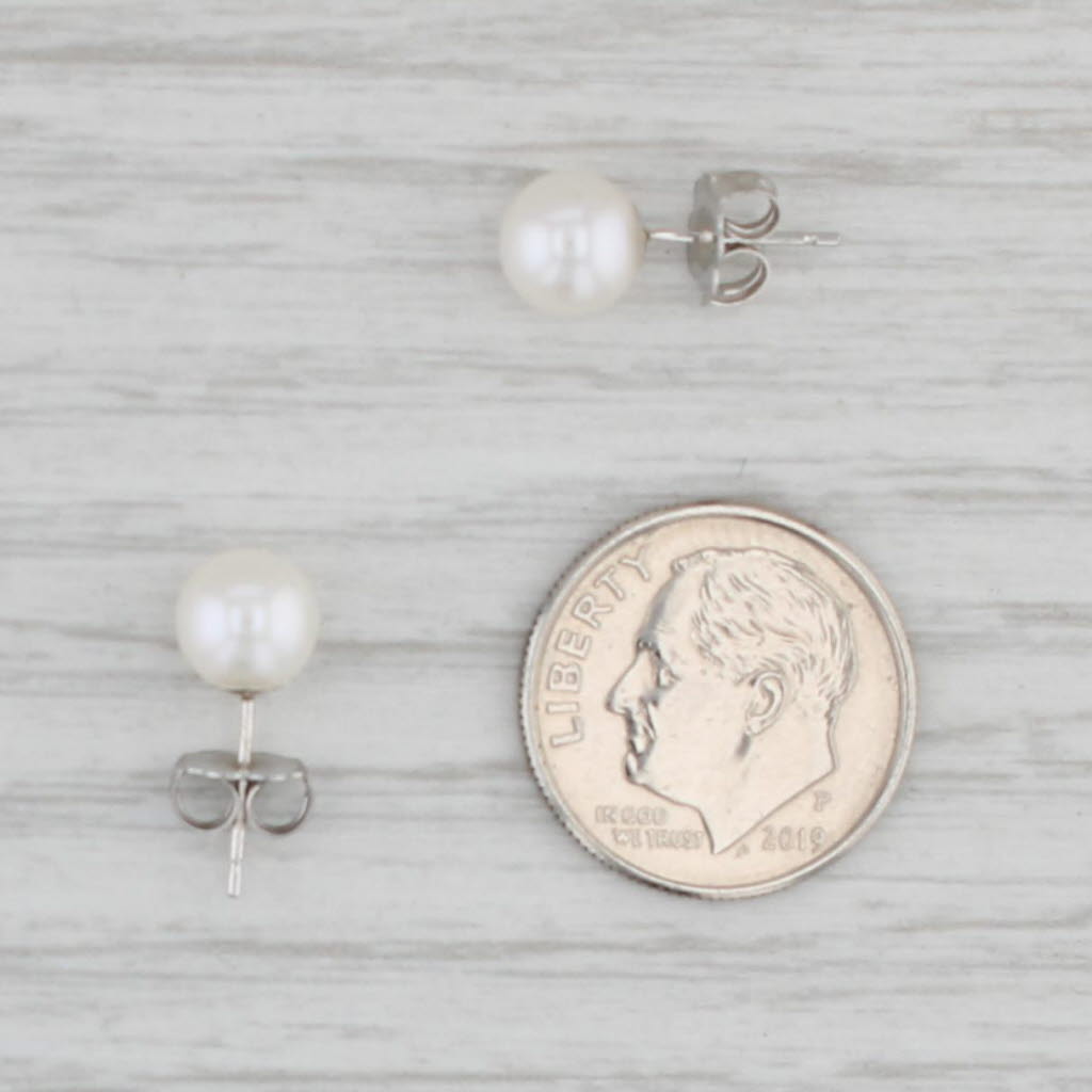 Light Gray New Cultured Pearl Stud Earrings 14k White Gold 6.5mm Round Bead Solitaires