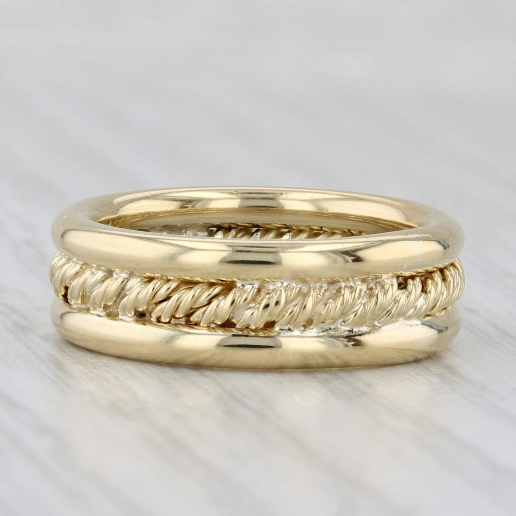 Light Gray Rope Center Wide Band Ring 18k Yellow Gold Size 6 Wedding Stackable