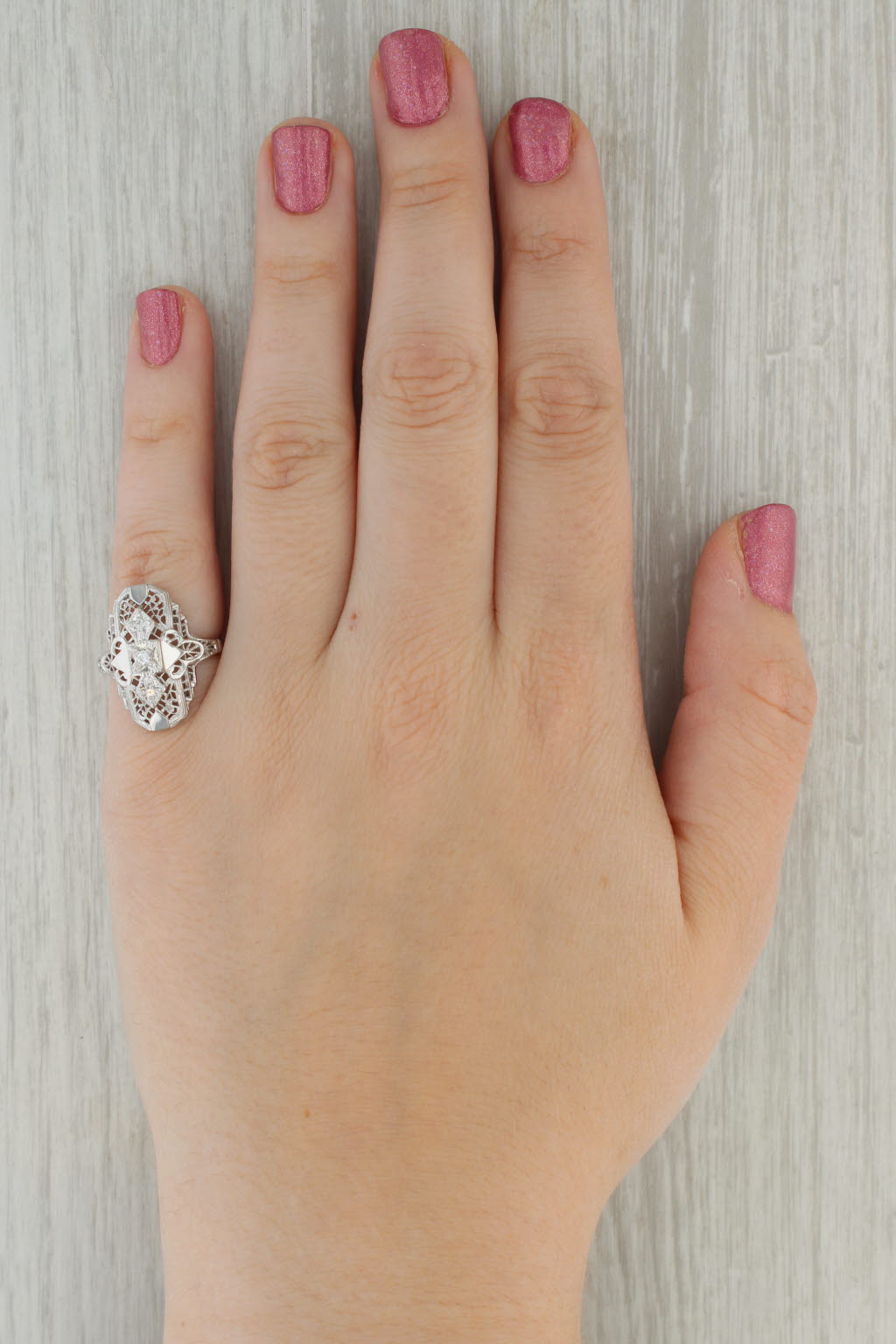 Rosy Brown Diamond Filigree Ring 10k White Gold Vintage Art Deco Size 6.75