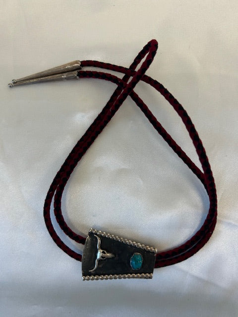 Dark Gray Vintage Native American Turquoise Bull Bolo Tie Necklace Sterling Silver