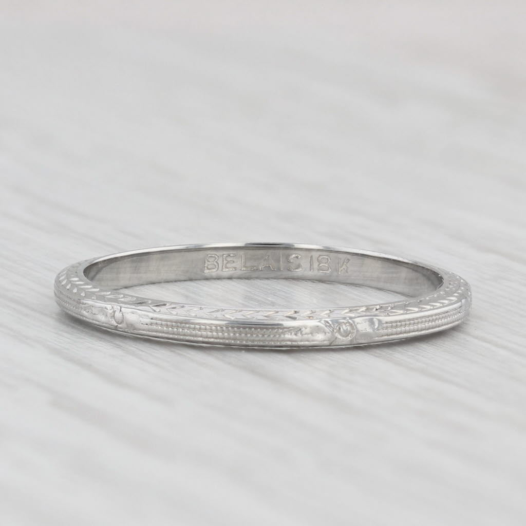Light Gray Belais Art Deco Wheat Engraved Wedding Band 18k White Gold Size 8.25 Ring
