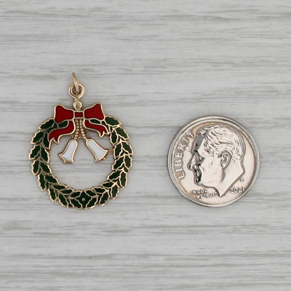 Vintage Enamel Christmas Wreath Pendant 14k Yellow Gold Holiday Charm