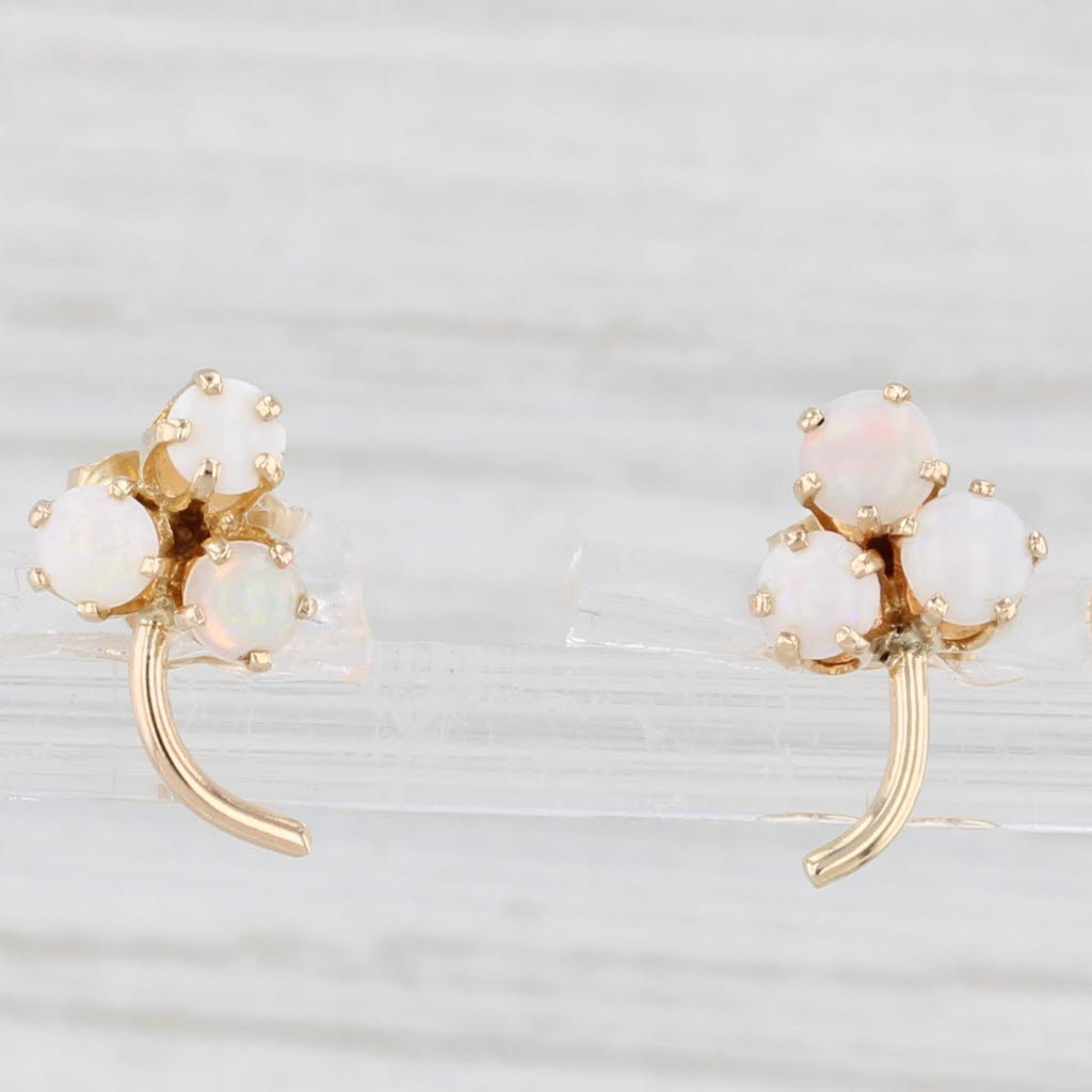 Light Gray Opal Flower Stud Earrings 14k Yellow Gold Vintage