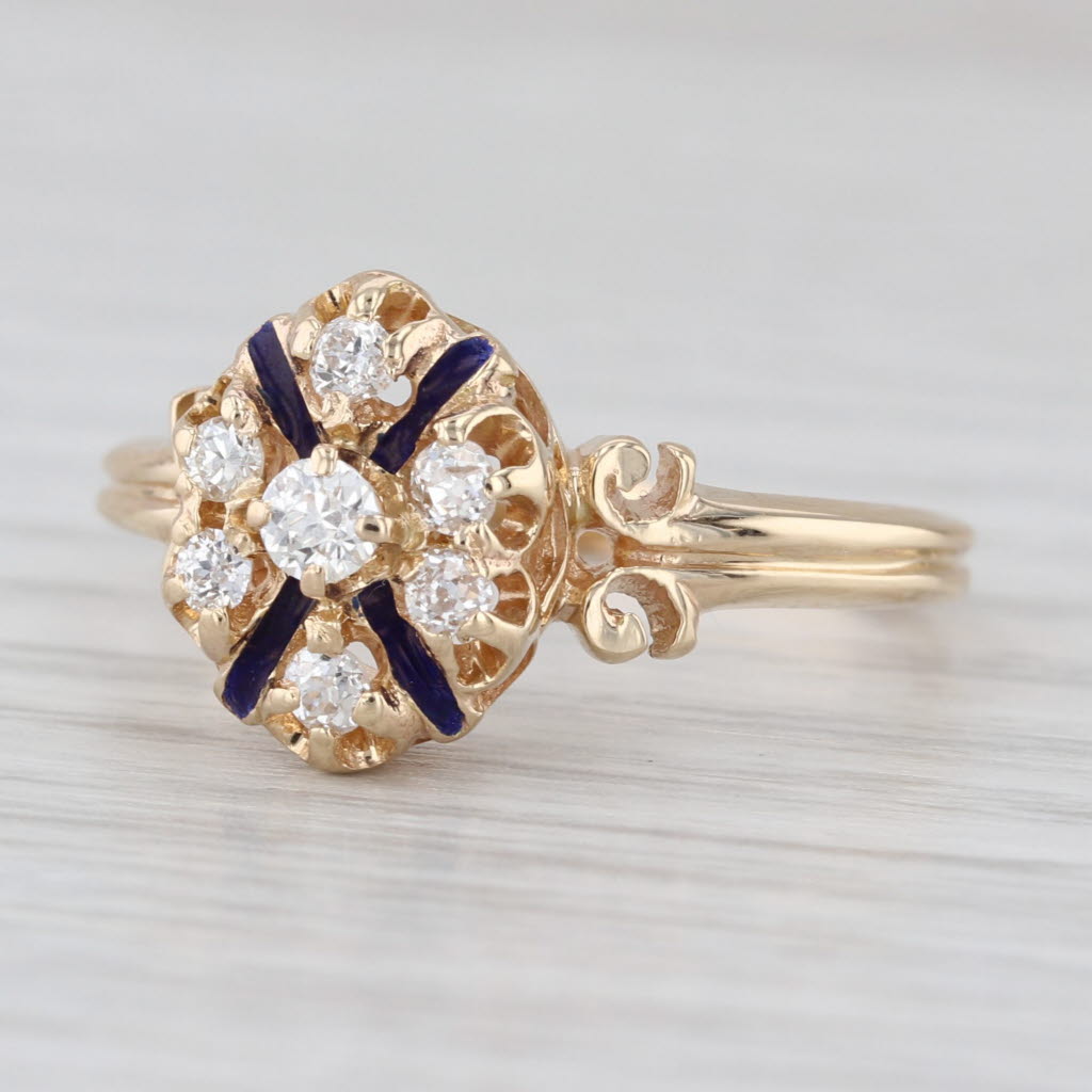 Antique Diamond Ring 14k Yellow Gold Enamel Size 8 Engagement