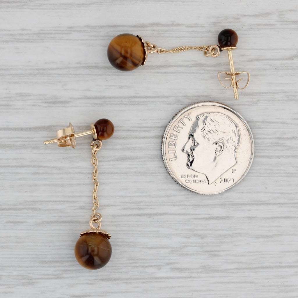 Gray Tiger's Eye Dangle Earrings 14k Yellow Gold Brown Bead Drops