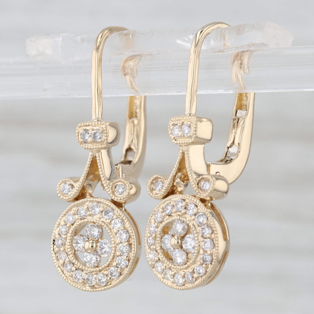 0.34ctw Diamond Halo Drop Earrings 14k Yellow Gold Hook Posts Leverbacks
