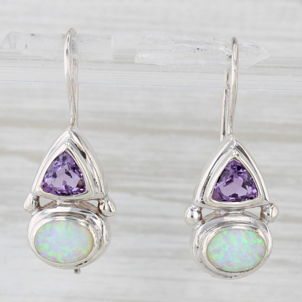 Light Gray Amethyst Lab Created Opal Drop Earrings Sterling Silver Hook Posts