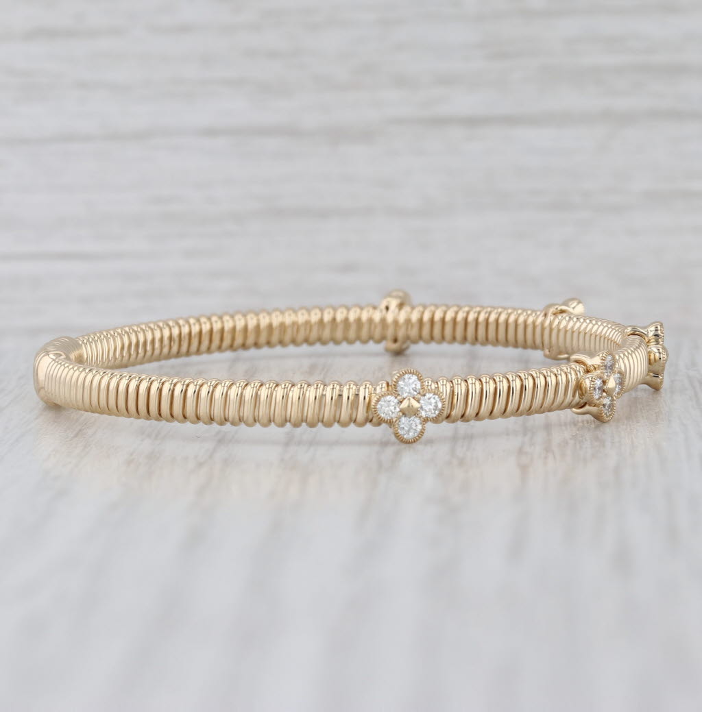 New 0.75ctw Diamond Flower Flexible Bangle Bracelet 14k Yellow Gold 6.75"
