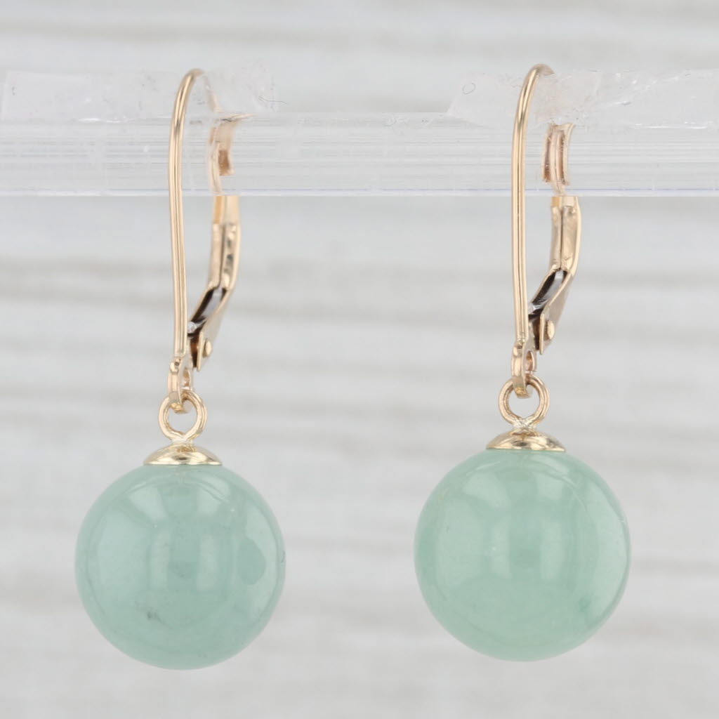 Light Gray Green Serpentine Bead Dangle Earrings 14k Yellow Gold Lever Backs