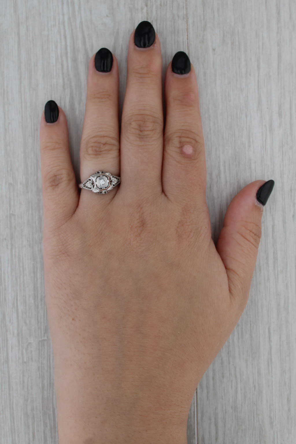 Art Deco Diamond Solitaire Ring 18k White Gold Filigree Size 7 Old European Cut