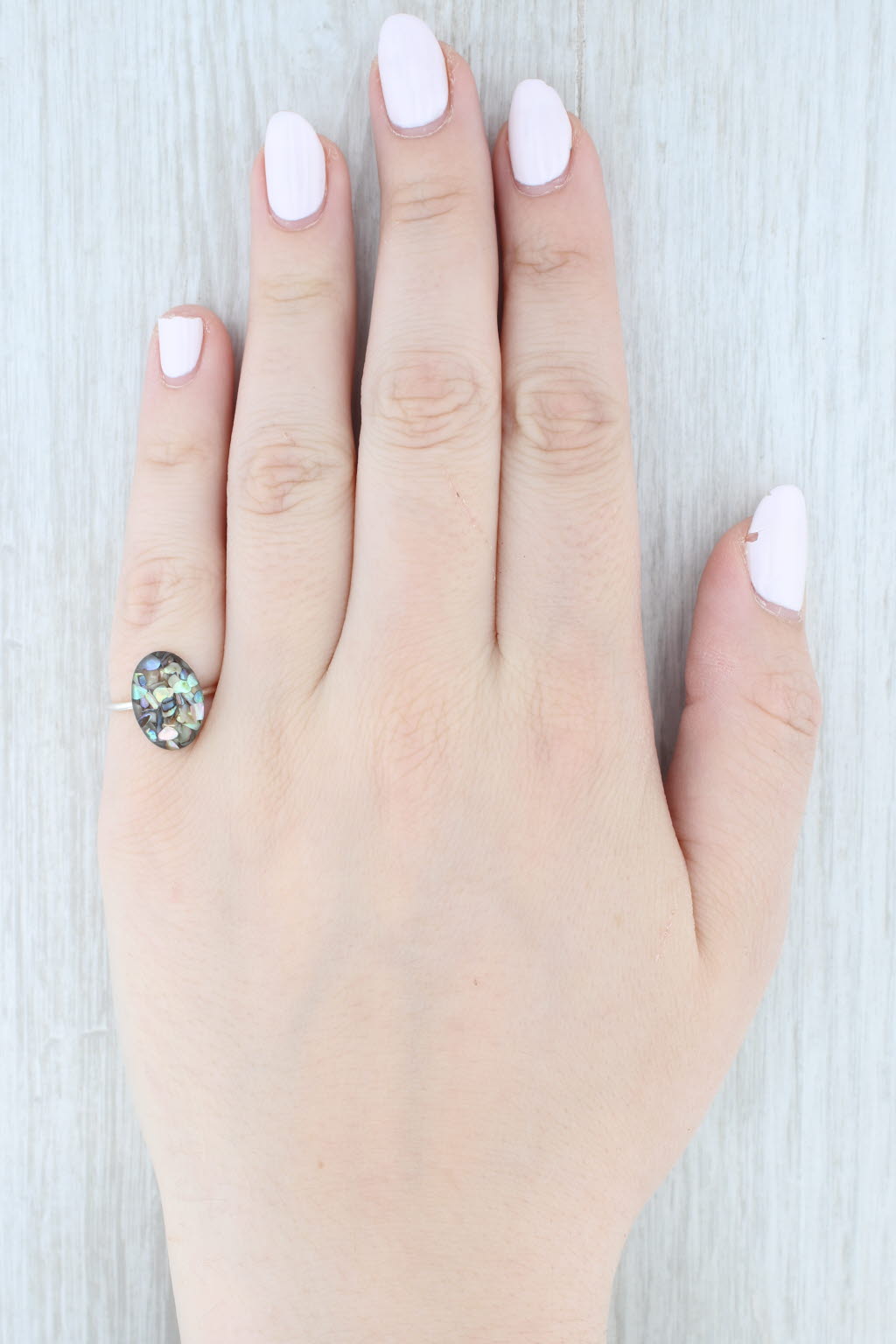 Light Gray Composite Stones Oval Cabochon Ring Sterling Silver Resin Size 6