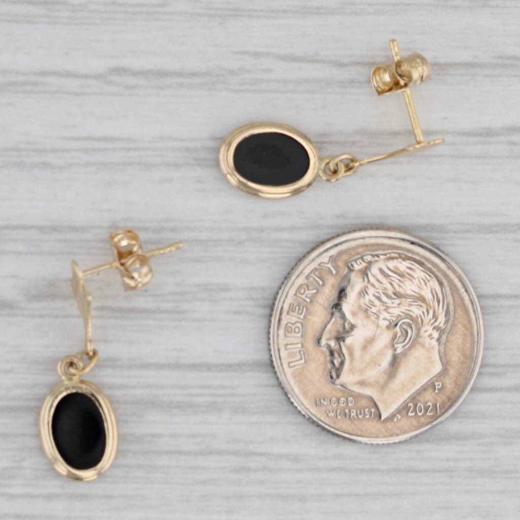 Gray Black Onyx Oval Fleur de Lis 14k Yellow Gold Earrings