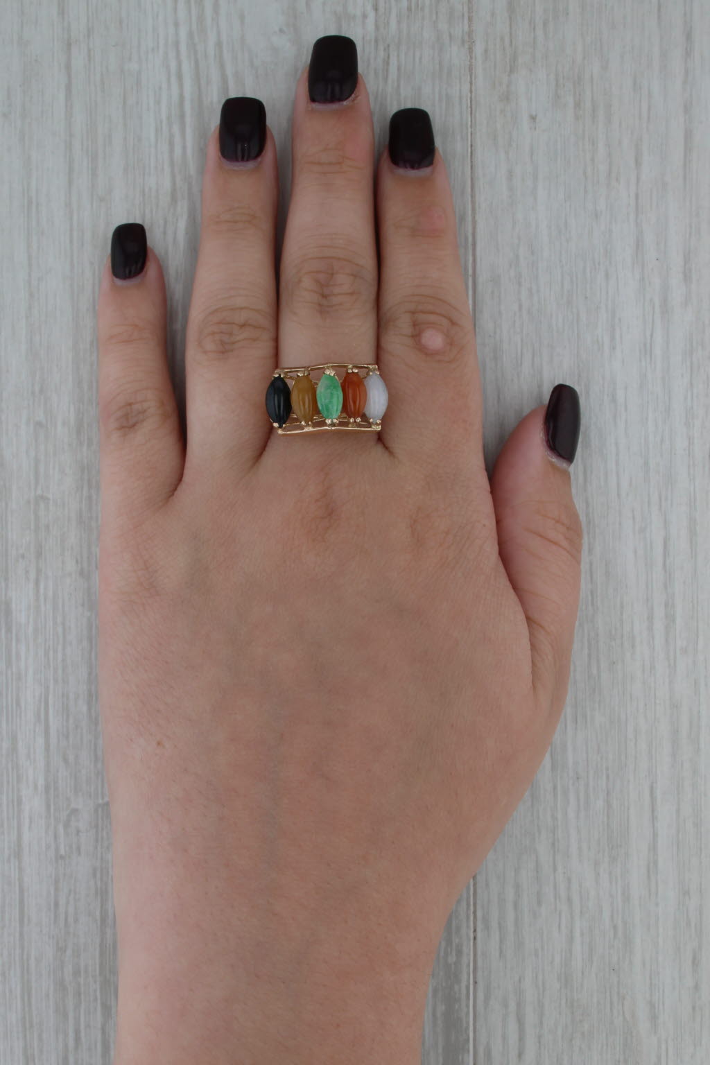 Jadeite Jade Marquise Cabochon 5-Stone Ring 14k Yellow Gold Size 9.5