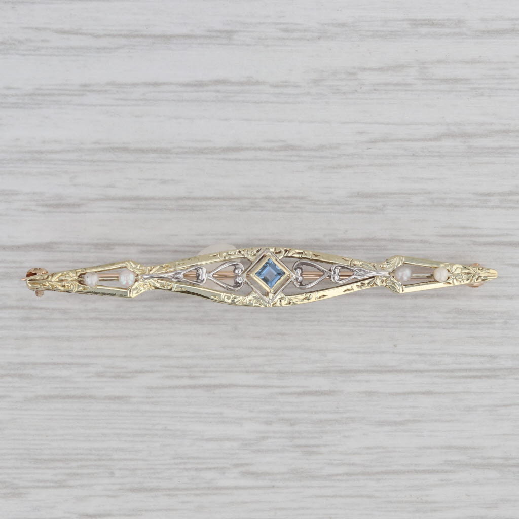 Gray Seed Pearl Lab Created Blue Sapphire Ornate Bar Pin 14k Gold Brooch