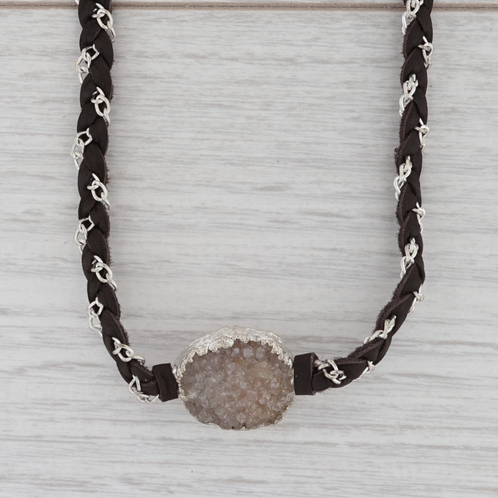 New Tags Nina Wynn Druzy Quartz Cordelia Necklace Woven Dark Brown Leather