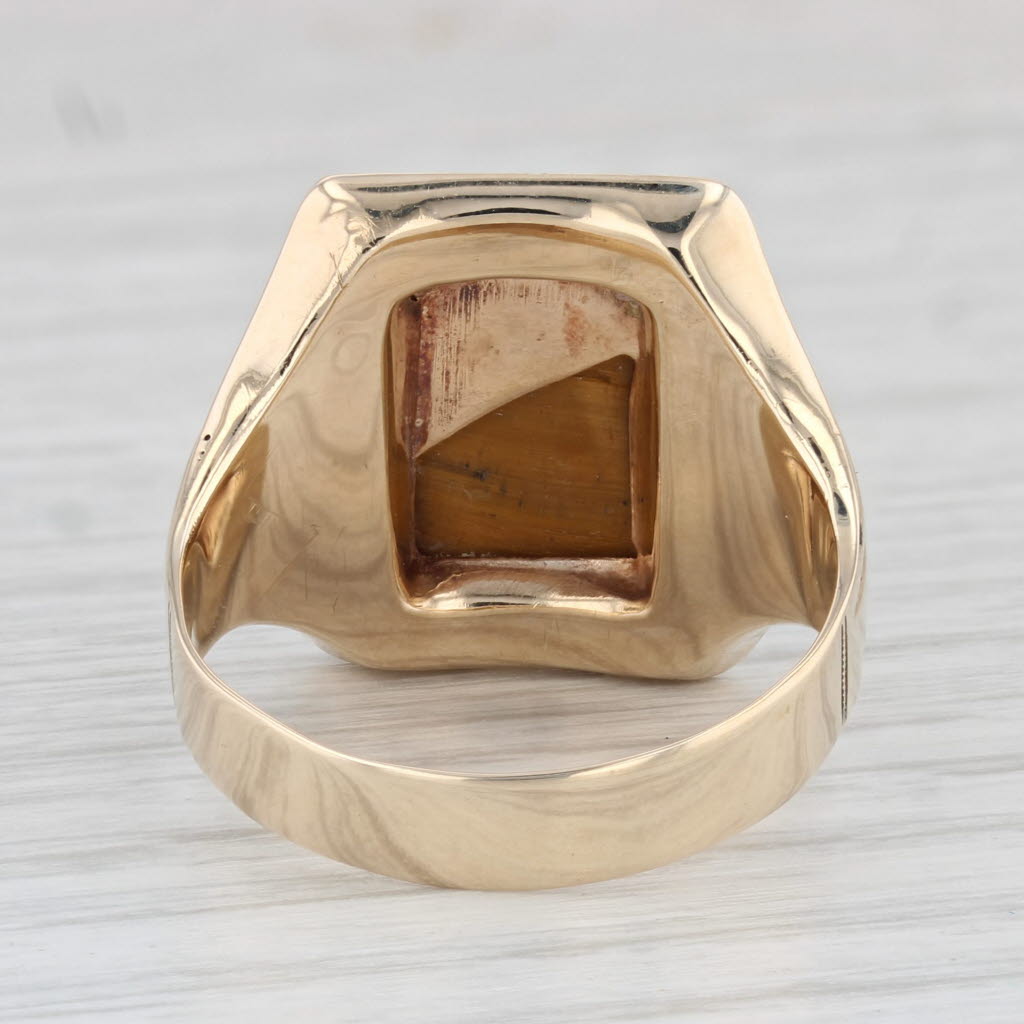 Light Gray Vintage Intaglio Carved Tiger's Eye Ring 10k Gold Diamond Accent Size 9
