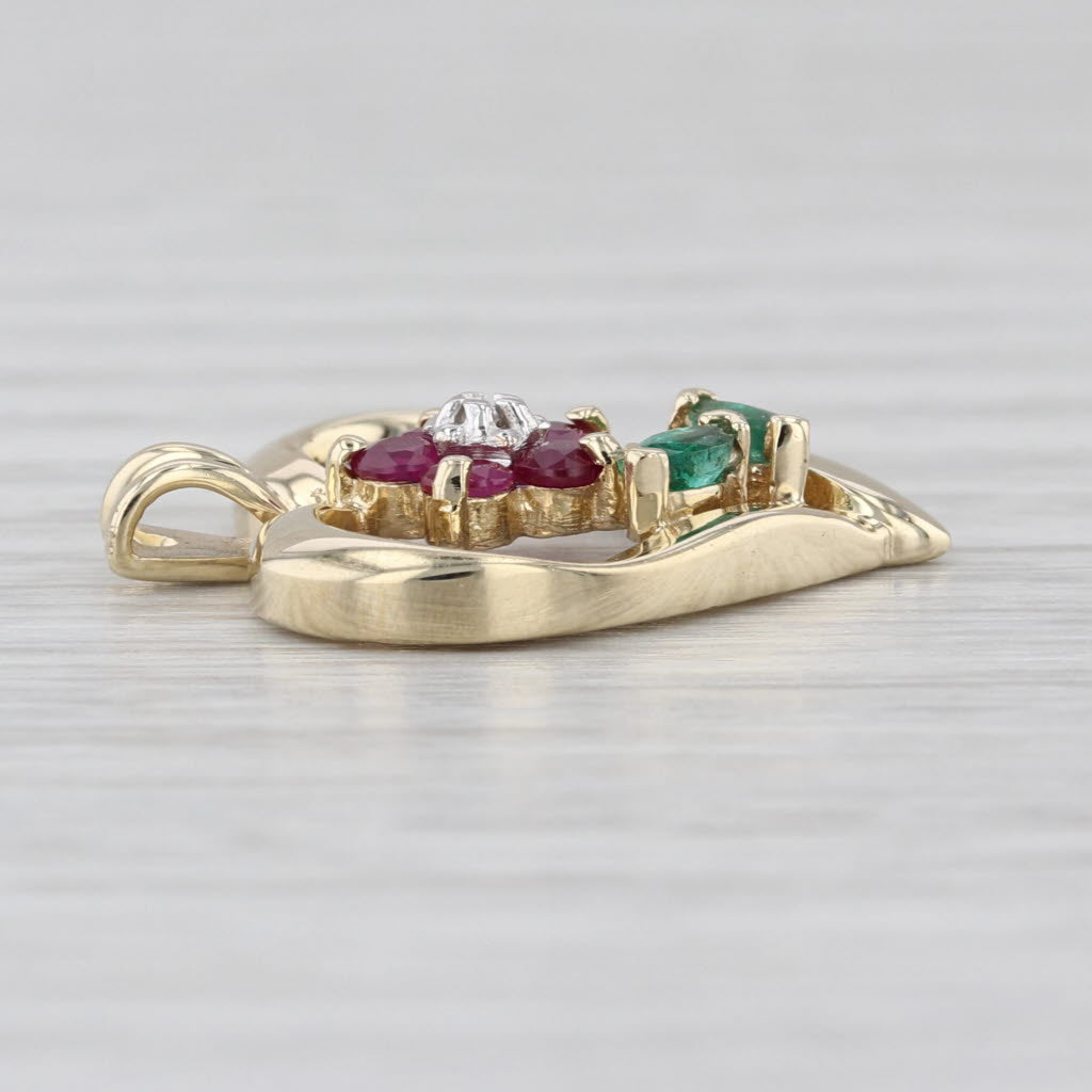 0.53ctw Ruby Emerald Flower Heart Pendant 10k Yellow Gold Diamond Accents