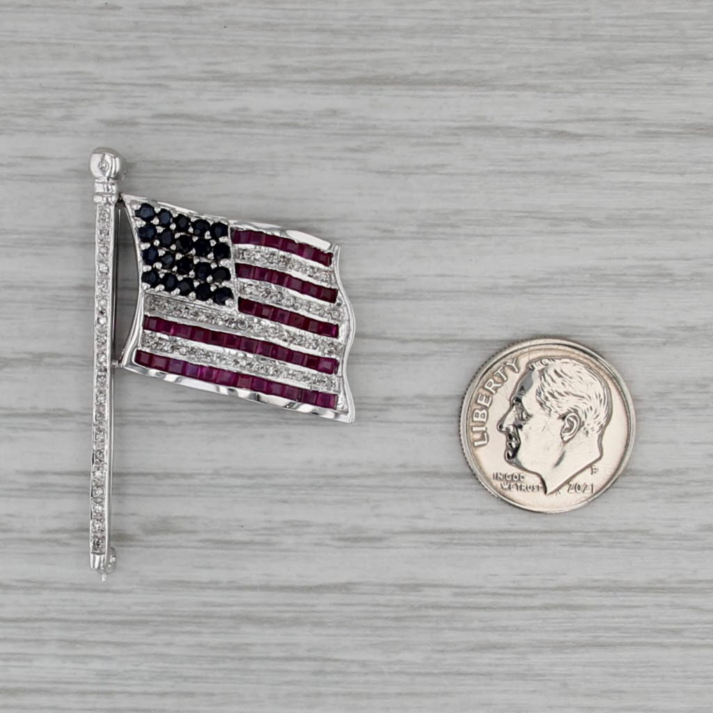 American Flag Brooch 2.54ctw Diamond Sapphire Ruby 14k White Gold Patriotic Pin
