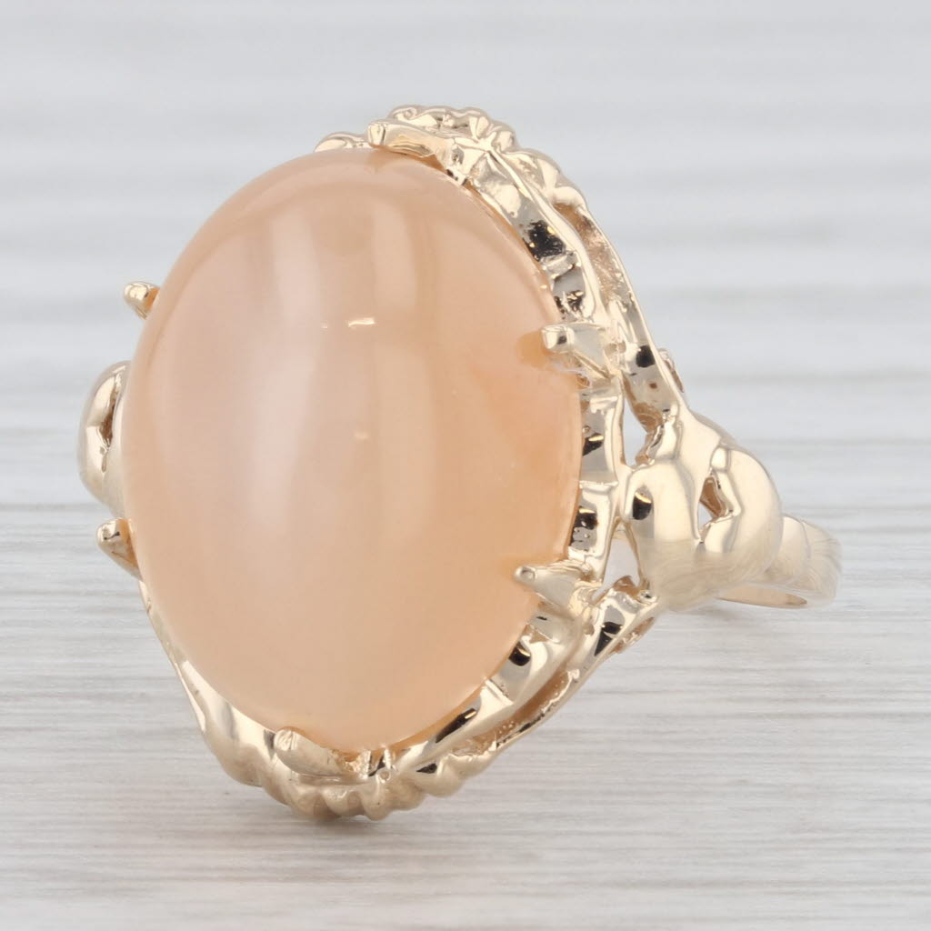Light Gray Peachy Pink Cat's Eye Moonstone Oval Cabochon Solitaire Ring 10k Gold Sz 7