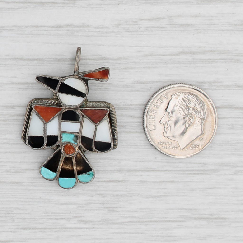 Light Gray Native American Thunderbird Pendant Sterling Silver Stone Mosaic Zuni Tribe