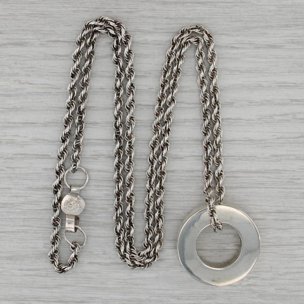 Large Circle Pendant Necklace Sterling Silver 28.75" Rope Chain Statement