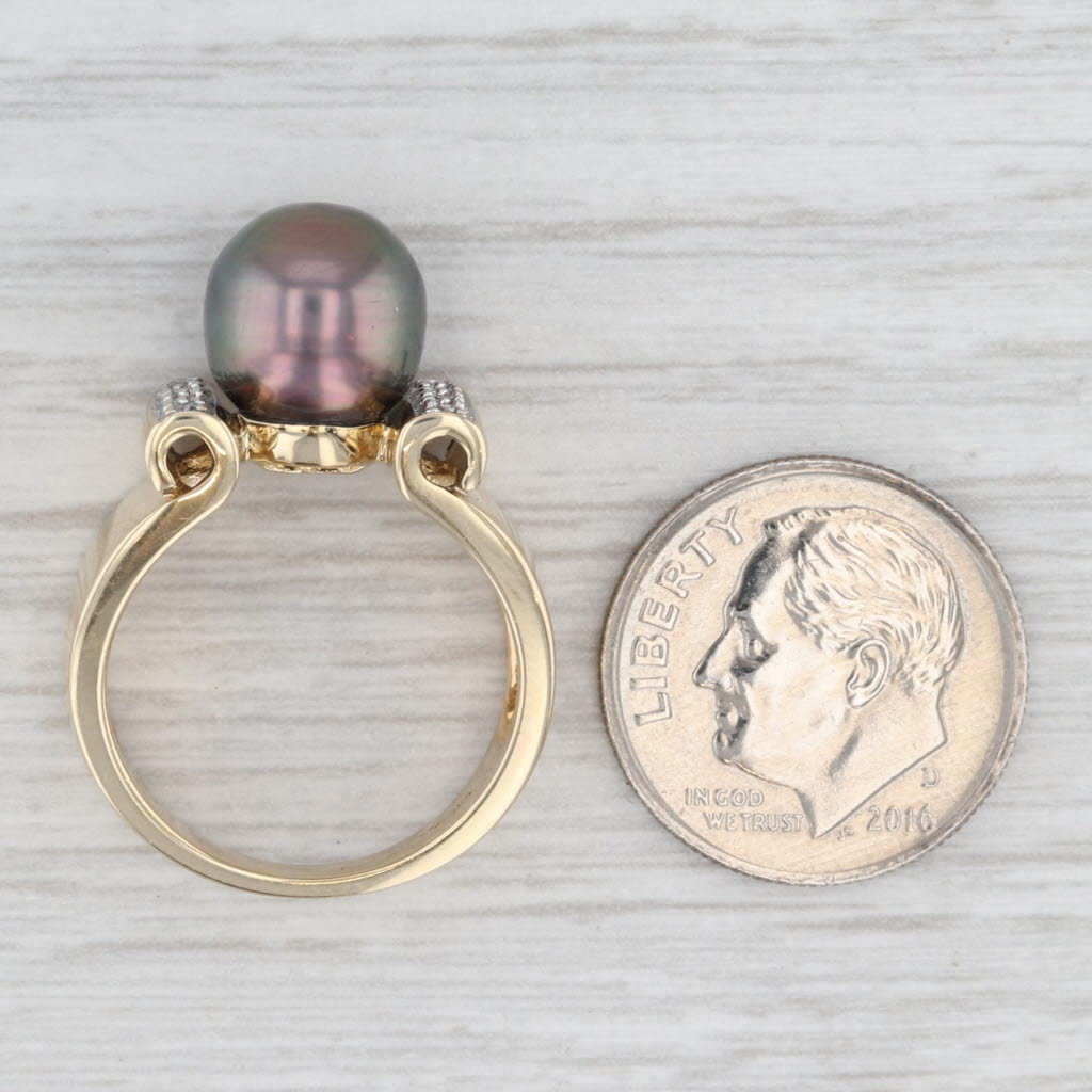 Light Gray 9.1mm Cultured Black Pearl Bead 0.10ctw Diamond Ring 14k Yellow Gold Size 6.25