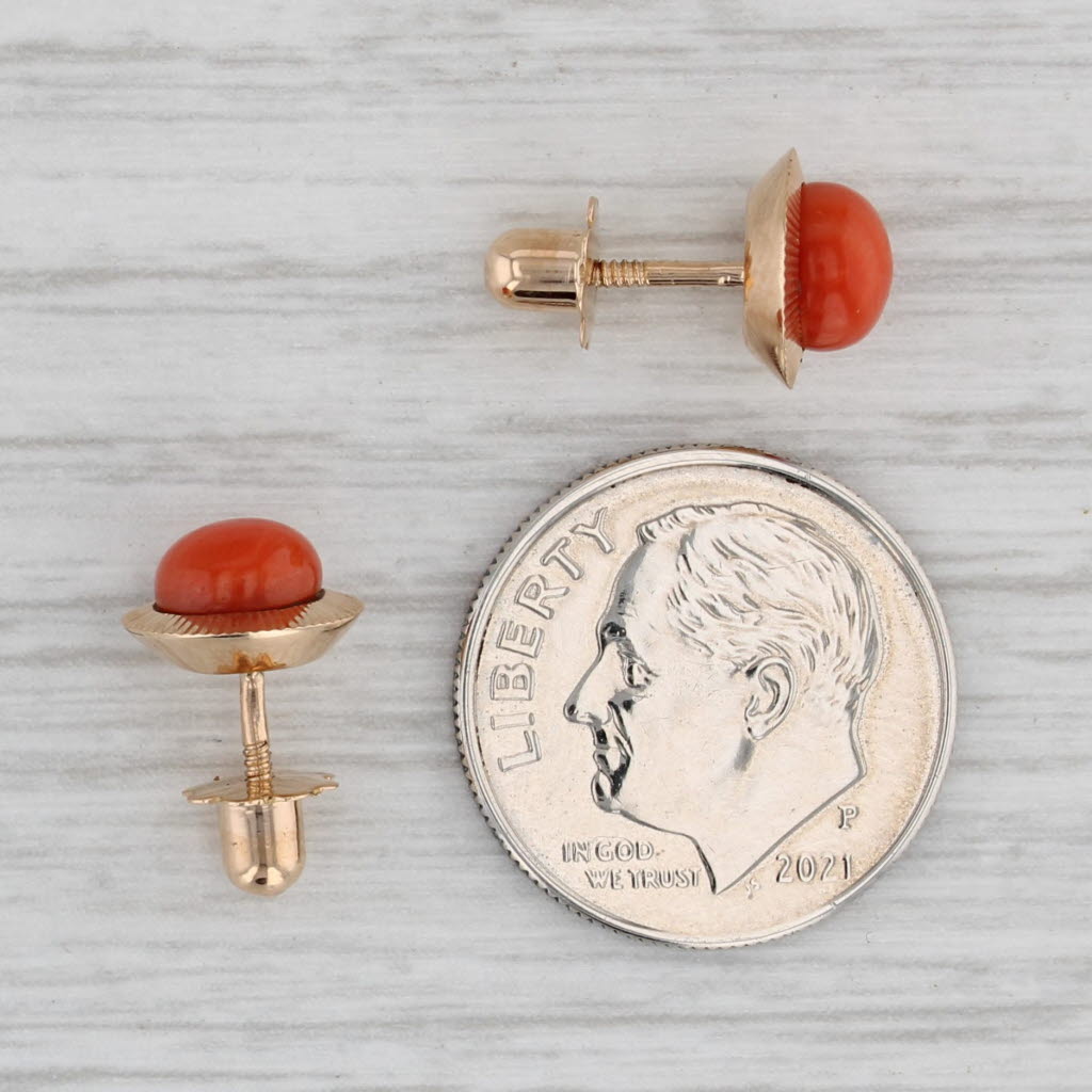Gray Coral Button Stud Earrings 18k Yellow Gold Round Bead Solitaires