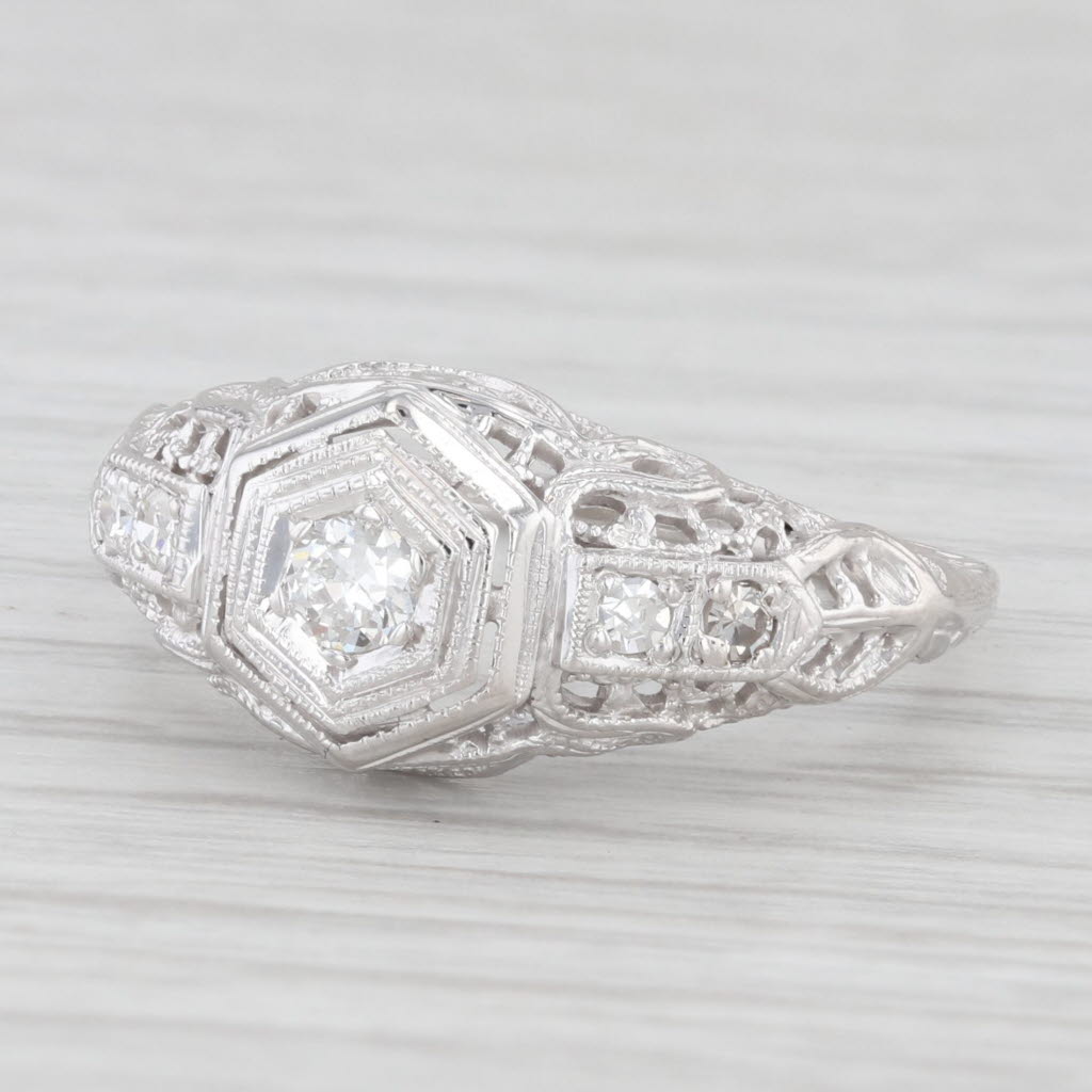 Light Gray 0.16ct Diamond Filigree Ring 18k White Gold Size 6.25 Vintage Engagement