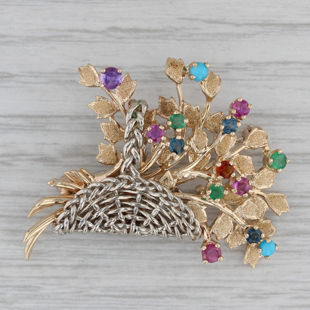Gray Multistone Emerald Ruby Sapphire 14k Yellow Gold Flower Basket Brooch