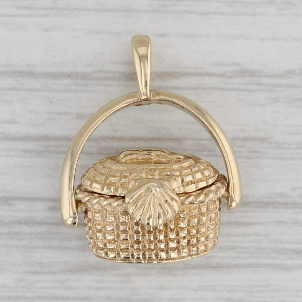 Gray Nantucket Picnic Basket Pendant 14k Yellow Gold Open Lucky Penny Inside 3D Charm