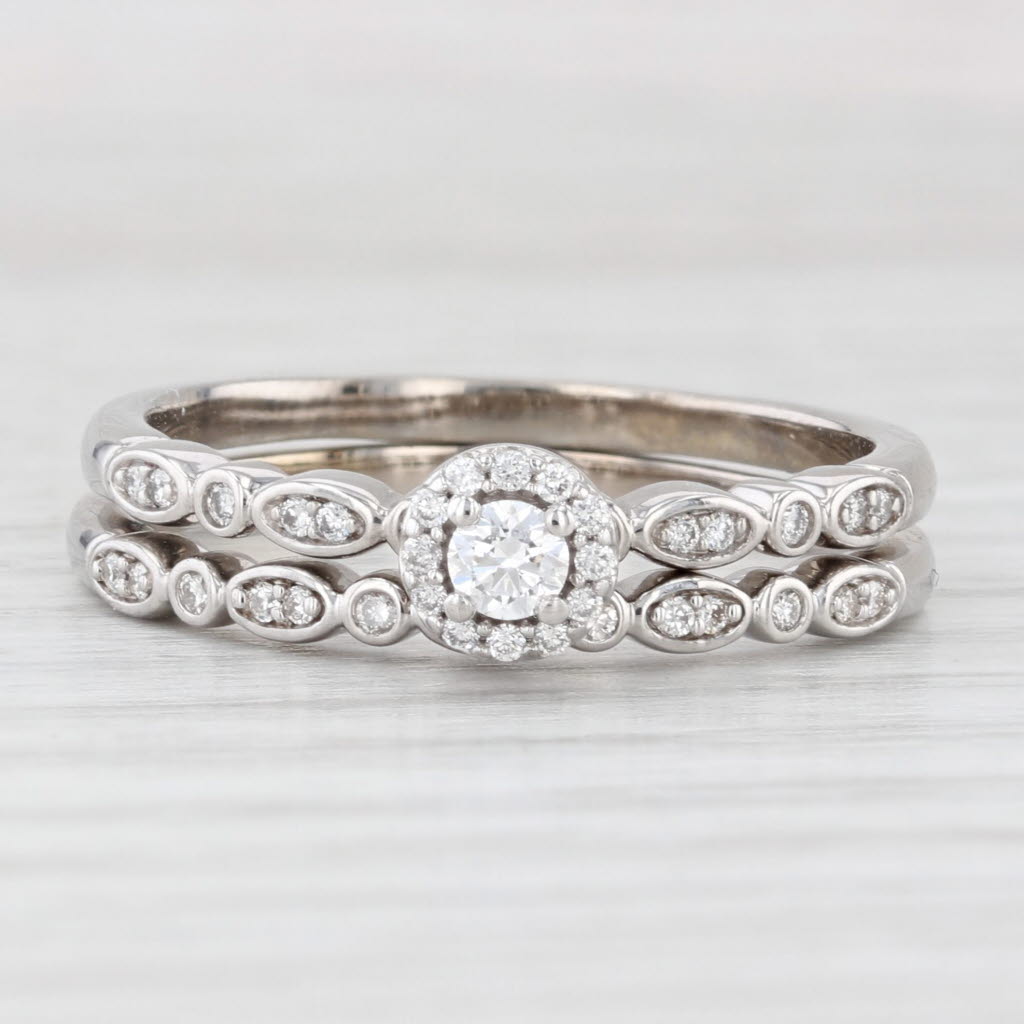 Light Gray 0.30ctw Diamond Halo Engagement Ring Wedding Band Bridal Set 14k White Gold