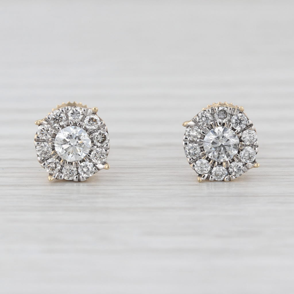 New 0.57ctw Diamond Halo Stud Earrings 14k Yellow Gold Screw Back Studs