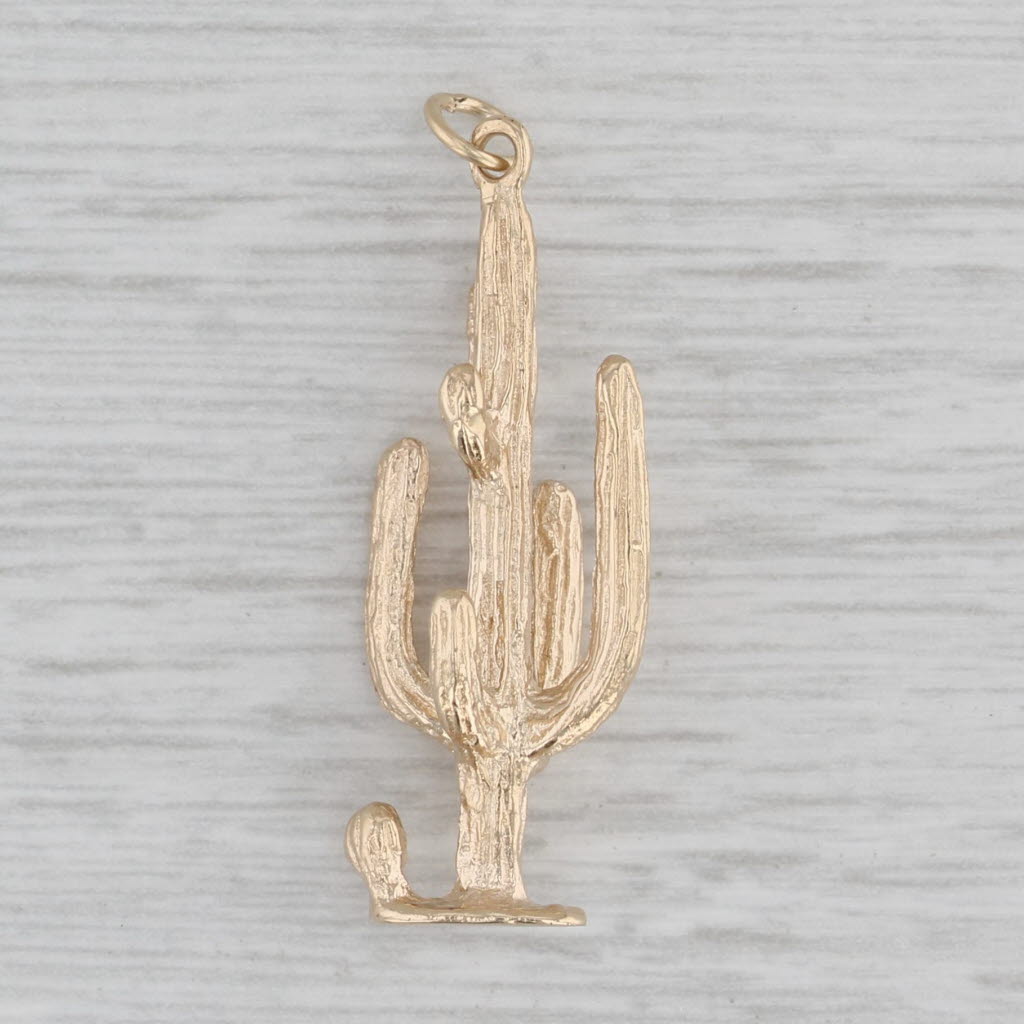 Gray Cactus Charm 14k Yellow Gold Southwestern Pendant
