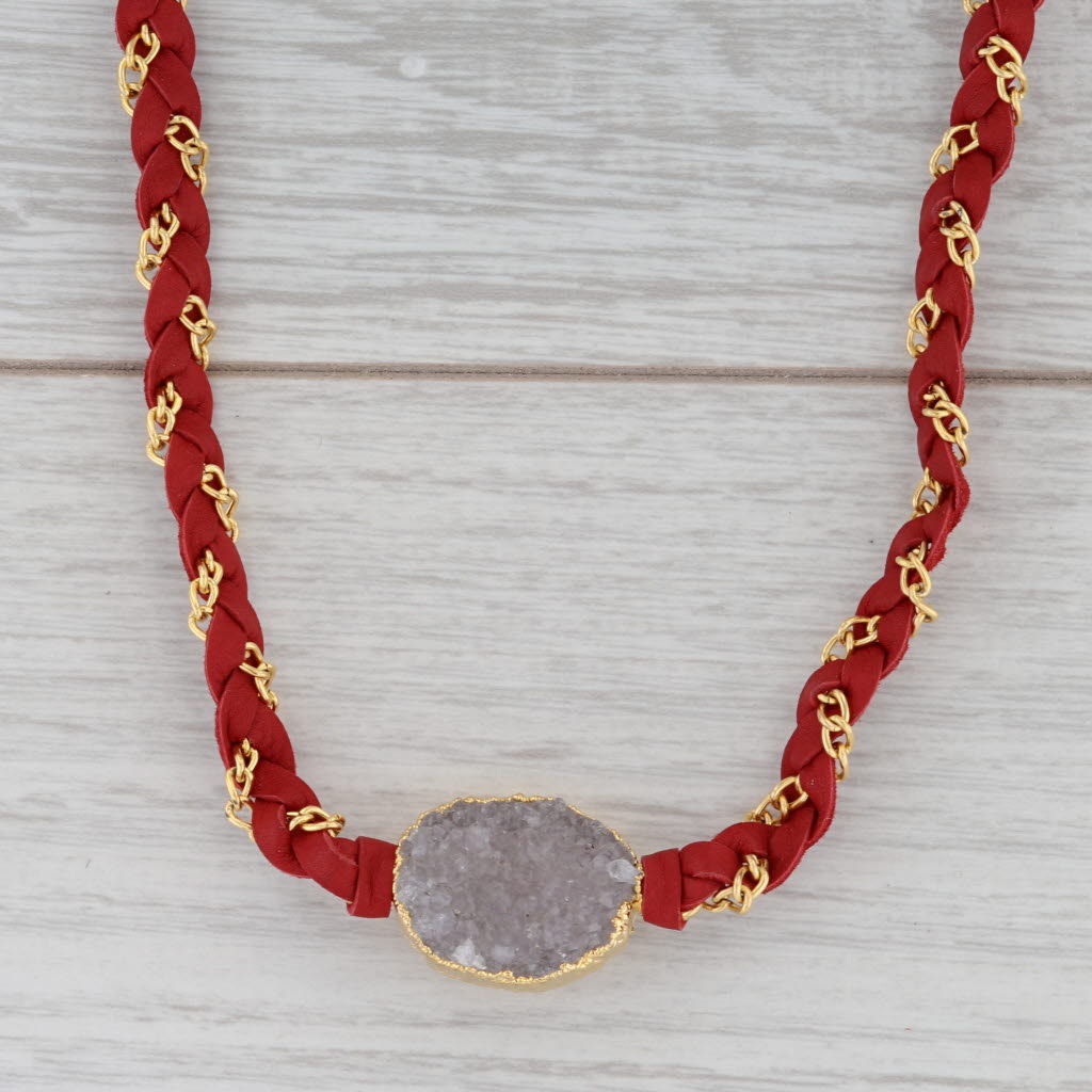 New Cordelia Nina Wynn Necklace White Druzy Red Woven Leather Gold Vermeil
