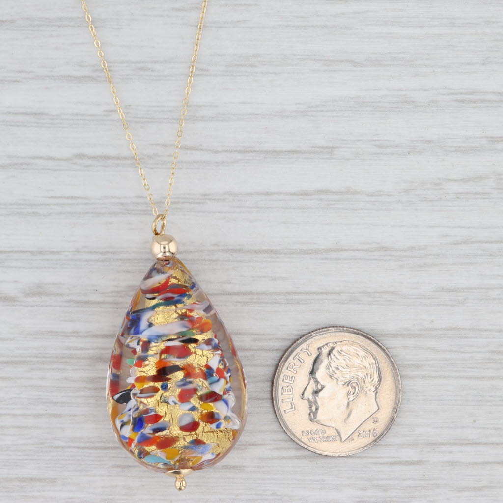 New Colorful Glass Mosaic Teardrop Pendant Necklace 14k Yellow Gold 16"-18"