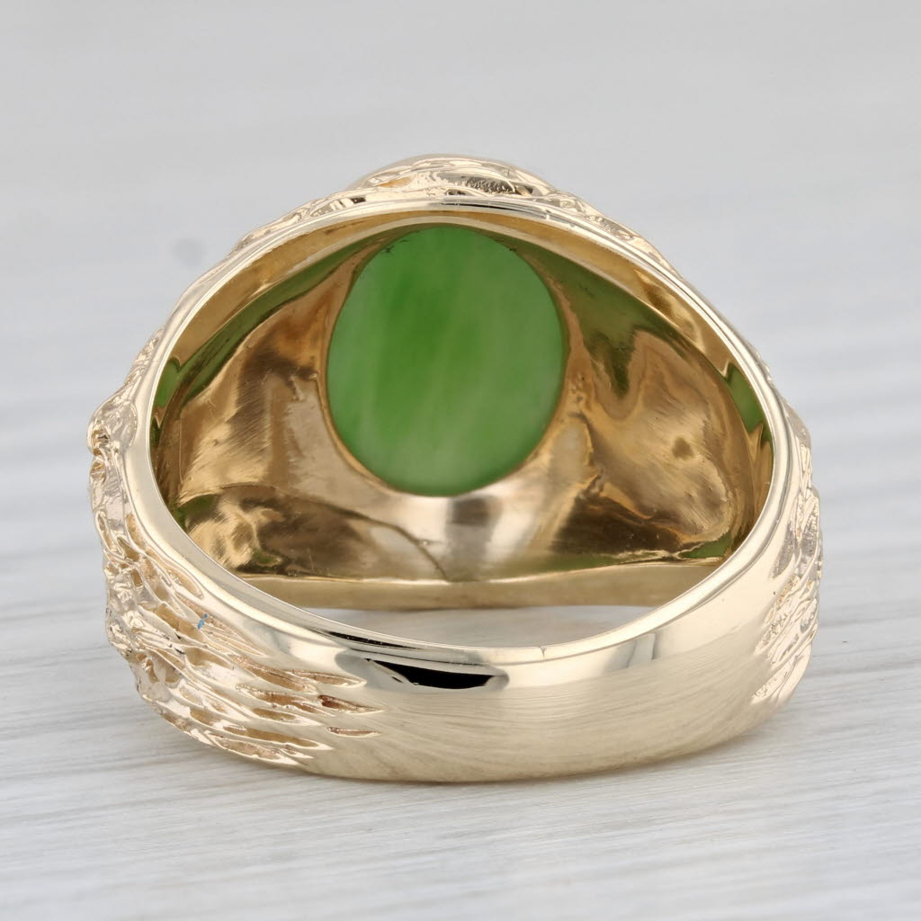 Gray Green Nephrite Jade 10k Yellow Gold Size 8.5 Woodgrain Band Oval Cabochon
