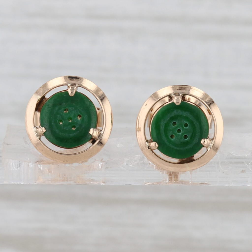Green Nephrite Jade Stud Earrings 14k Yellow Gold Solitaire Studs