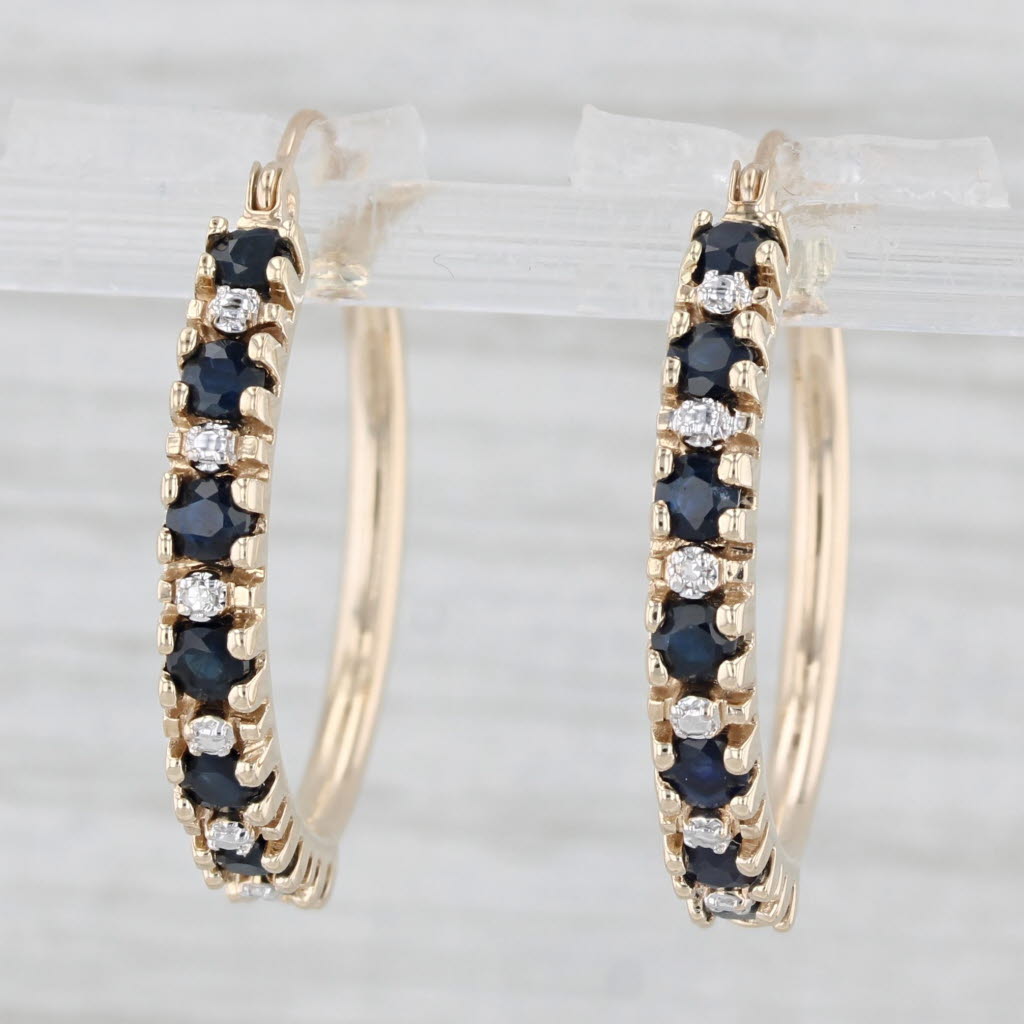 Light Gray 1ctw Blue Sapphire Diamond Hoop Earrings 10k Yellow Gold Snap Top Round Hoops