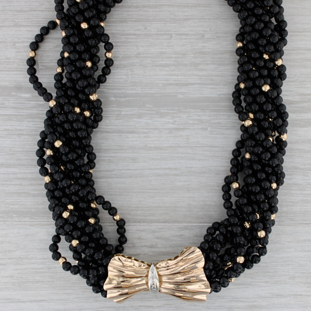 Gray Woven Onyx Bead Statement Necklace Diamond Bow Pendant Brooch 14k Gold 15.5"