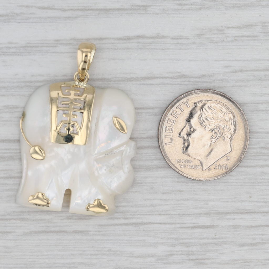 Mother of Pearl Elephant Pendant 14k Yellow Gold Chinese Character Longevity