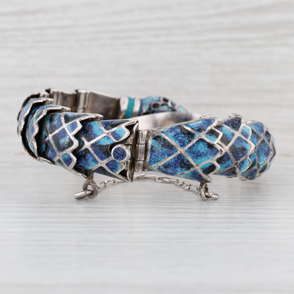 Snake Bangle Bracelet Jeronimo Fuonks Taxco Mexico Sterling Silver Enamel 7.75"