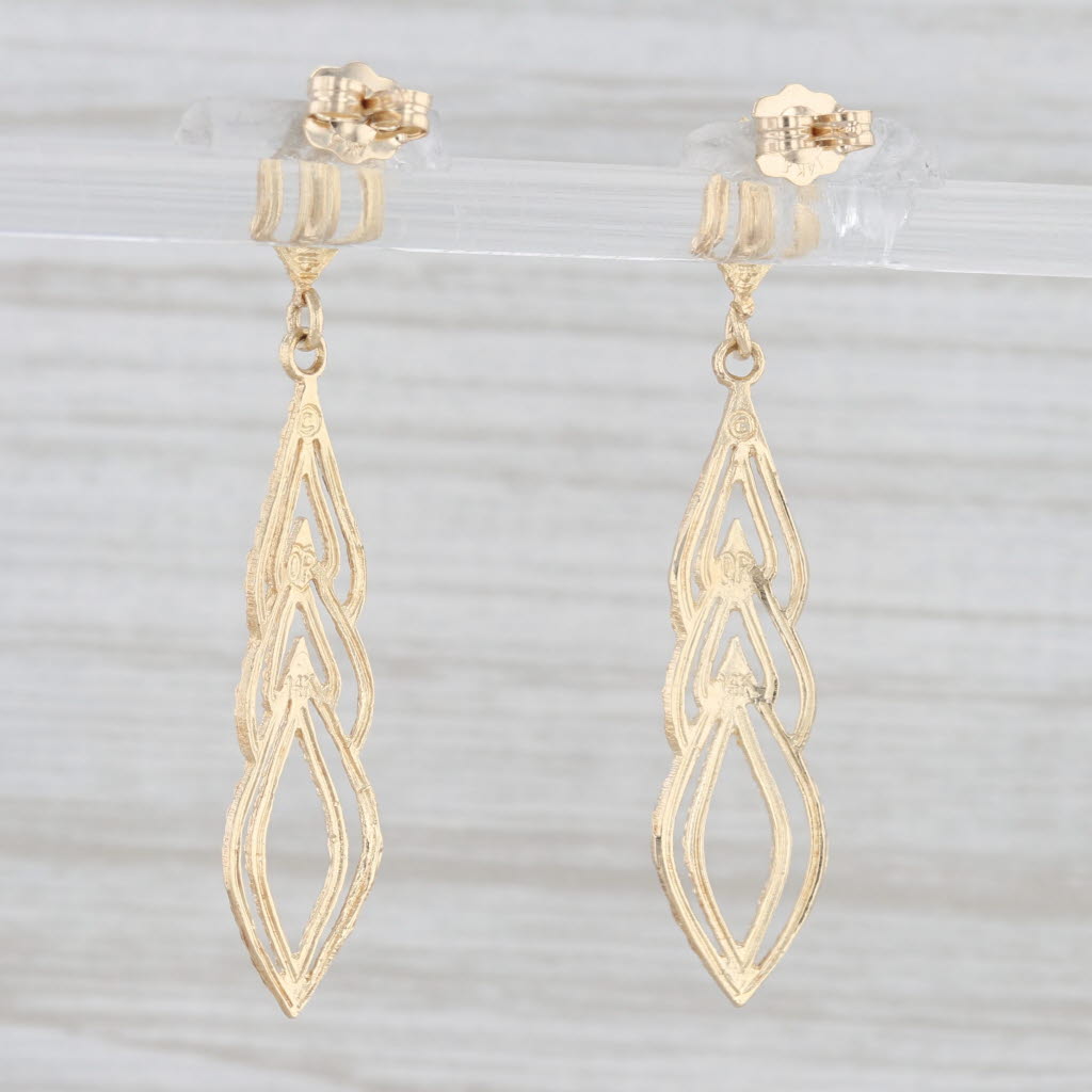 Light Gray Ornate Style Etched Dangle Earrings 14k Yellow Gold Pierced Drops