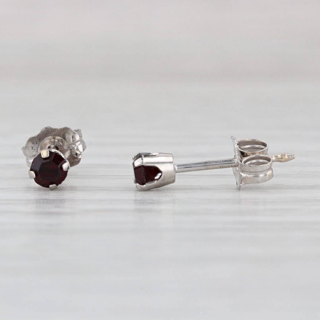Red Glass Imitation Garnet Stud Earrings 14k White Gold Round Solitaire Studs